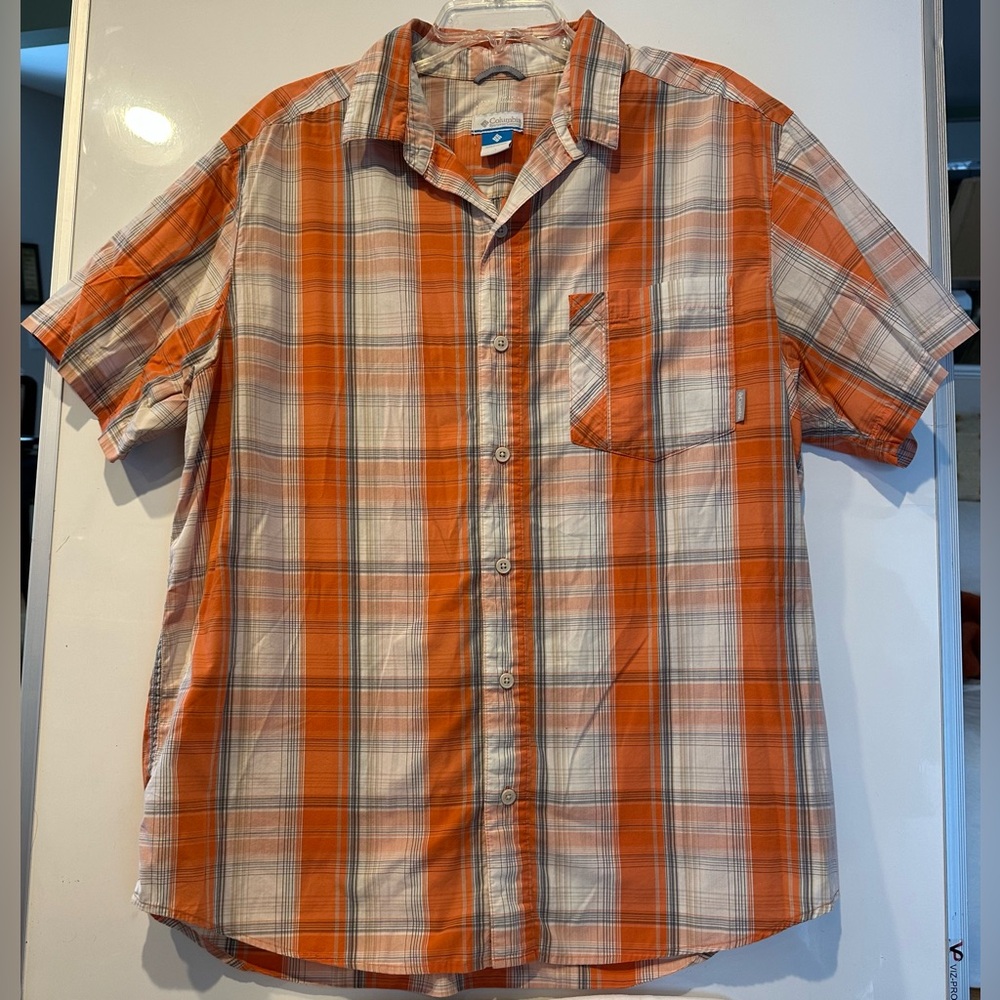 Columbia Sportswear Shirt Omni Shade Orange Plaid Button Short Sleeve Mens Large
